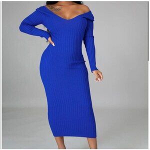 Hera Collection Women’s Royal Blue Ribbed Knit Long‎ Sleeve Midi Dress Size M
